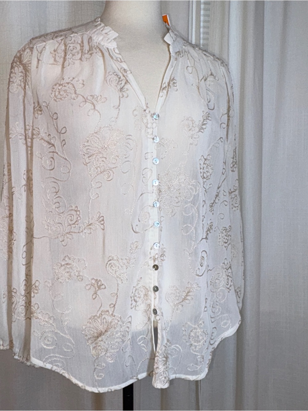 NWT Sheer Embroidered Button-Down Blouse - Cream